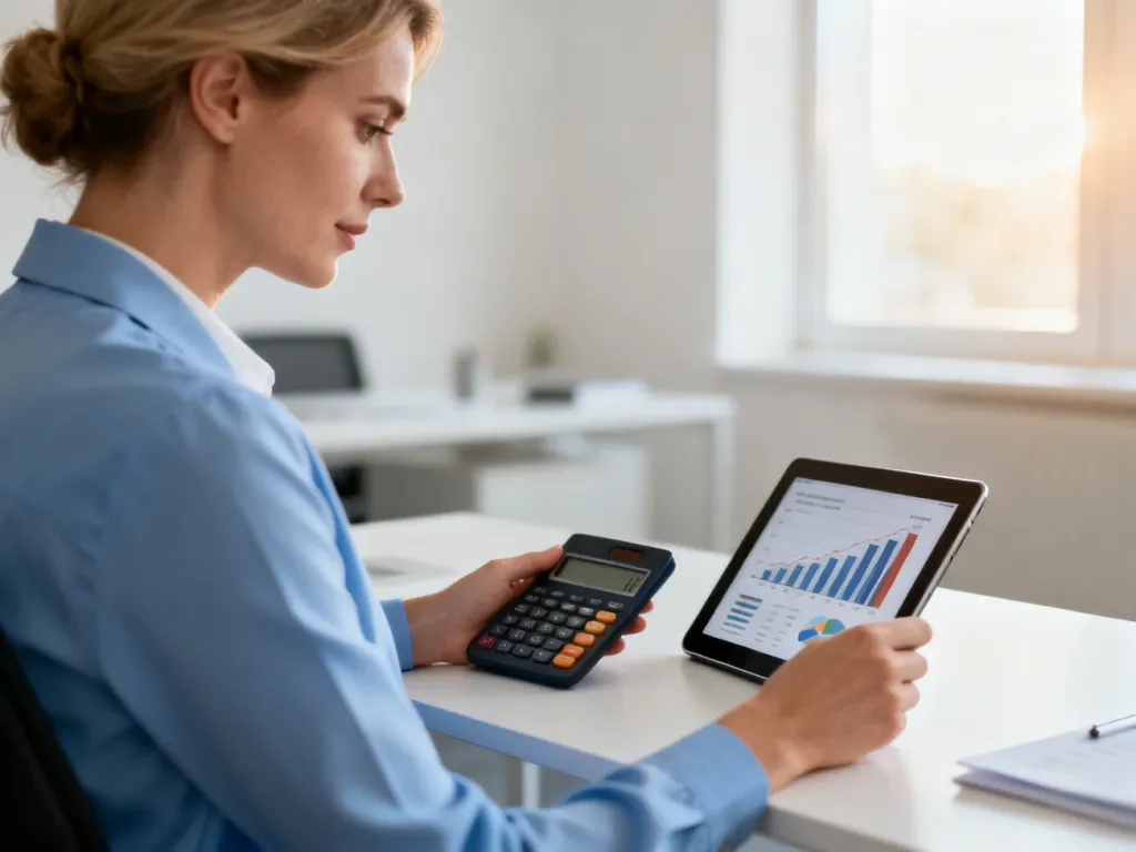 Profesjonalistka przy biurku analizuje dane finansowe na tablecie, obliczając wynagrodzenie.