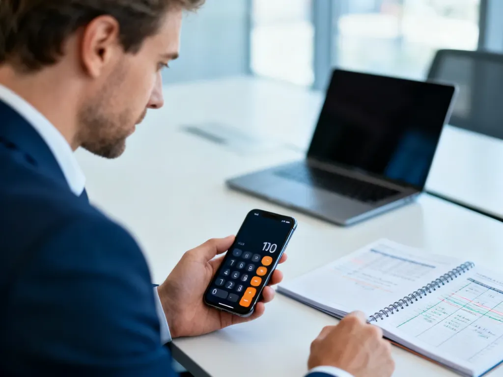 Mężczyzna przy biurku korzystający z kalkulatora finansowego w telefonie, obrazujący obliczanie wynagrodzenia netto.